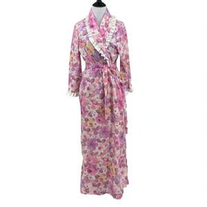 Vintage Loungees Robe Womens Sz Medium Pink Purple Floral 3/4 Sleeve Ruffle Trim